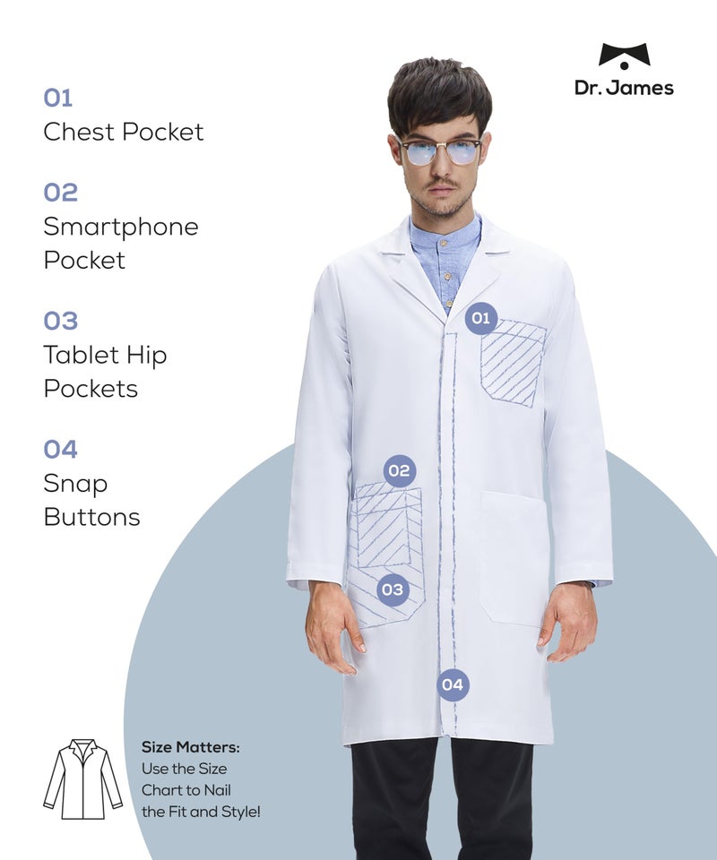 DR. JAMES معطف مختبر متميز للجنسين من د. جيمس للرجال والنساء، جيوب للهاتف والتابلت، تصميم كلاسيكي، إغلاق بخطاف مخفي، بطول 39 بوصة (S (رجال S / نساء M)) - Image 2